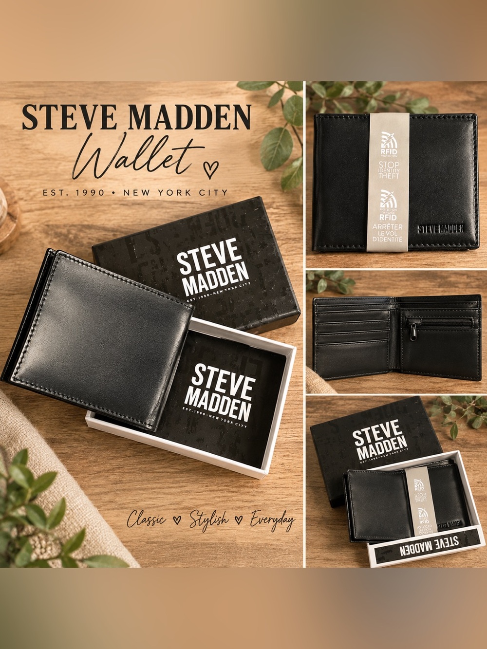 Steve Madden Men’s Black Bifold RFID Wallet – New in Box
